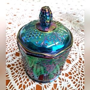 Indiana Glass Blue Iridescent Candy Jar with Grape/Grapevine Design